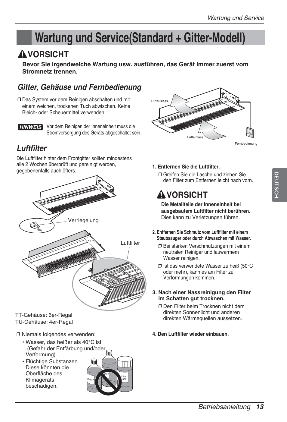 Wartung und service(standard + gitter-modell), Vorsicht, Luftfilter | Gitter, gehäuse und fernbedienung, Betriebsanleitung 13 | LG ARNU09GTUC2 User Manual | Page 77 / 273