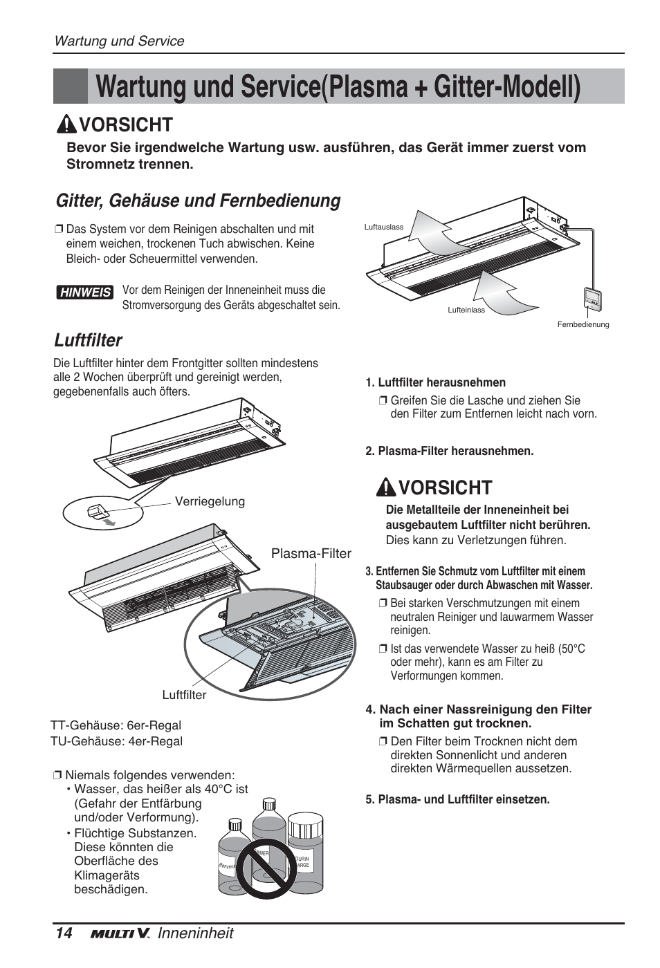 Wartung und service(plasma + gitter-modell), Vorsicht, Luftfilter | Gitter, gehäuse und fernbedienung, 14 inneninheit | LG ARNU09GTUC2 User Manual | Page 78 / 273