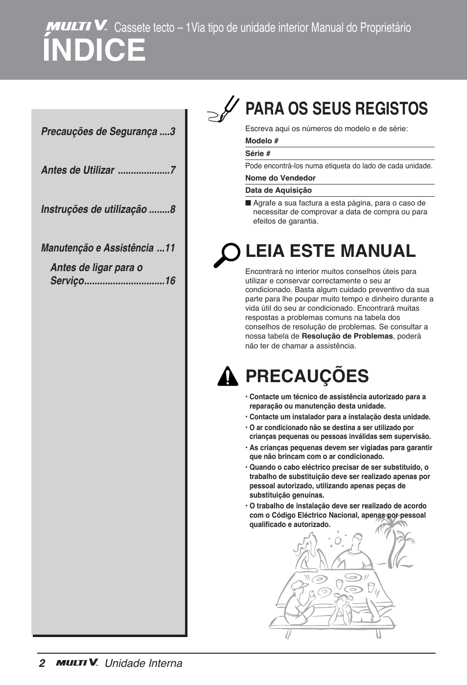Índice, Para os seus registos, Leia este manual | Precauções | LG ARNU09GTUC2 User Manual | Page 98 / 273