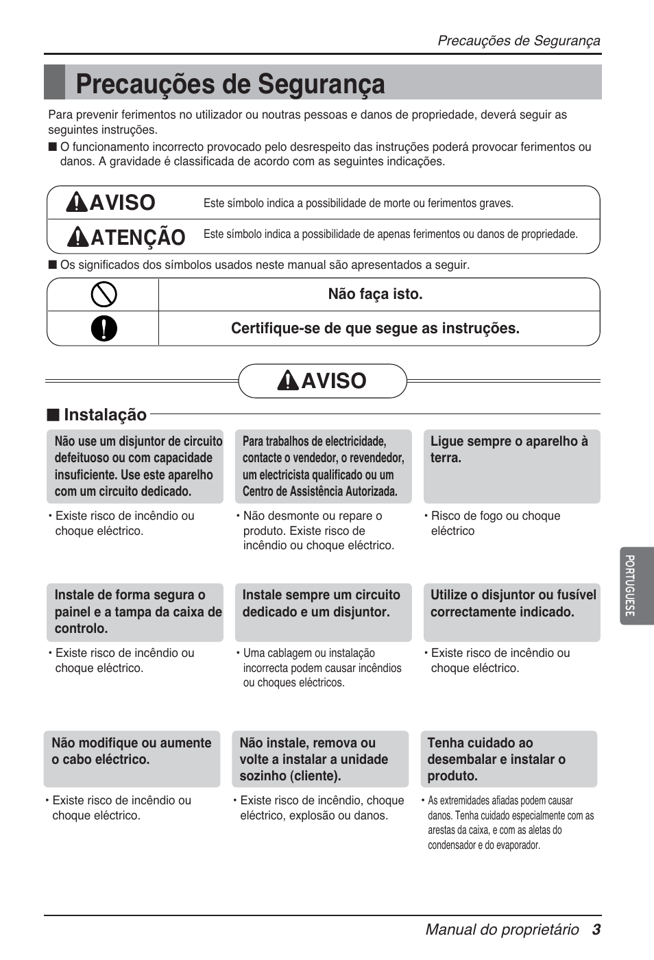 Precauções de segurança, Aviso atenção, Aviso | N instalação | LG ARNU09GTUC2 User Manual | Page 99 / 273