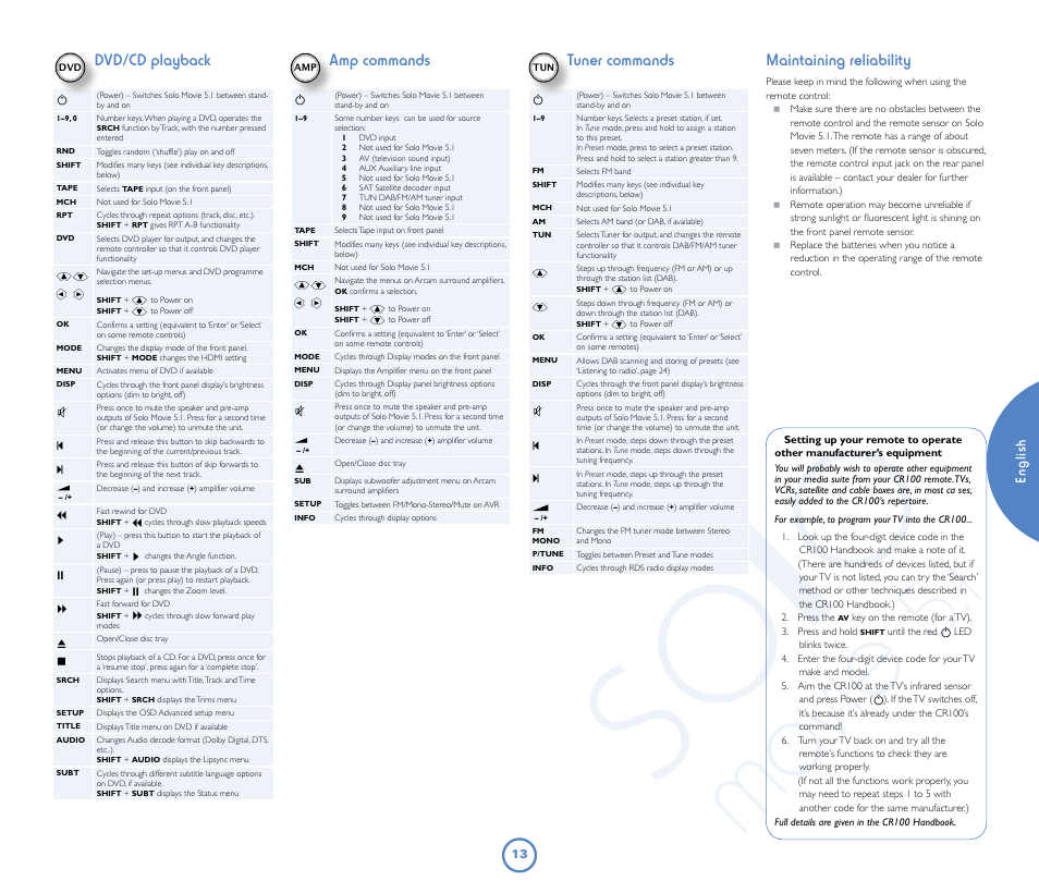 So lo, Mo vie, Dvd/cd playback | Maintaining reliability, Tuner commands, Amp commands | Arcam Solo Movie 5.1 User Manual | Page 13 / 30