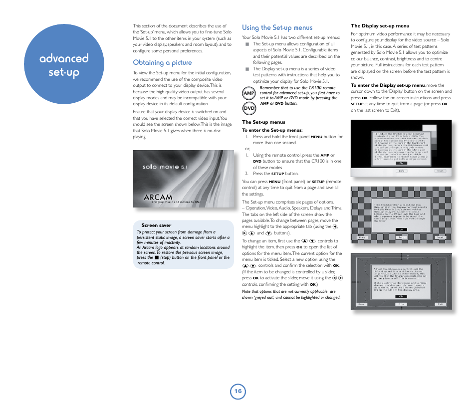 Advanced set-up, Obtaining a picture, Using the set-up menus | Arcam Solo Movie 5.1 User Manual | Page 16 / 30
