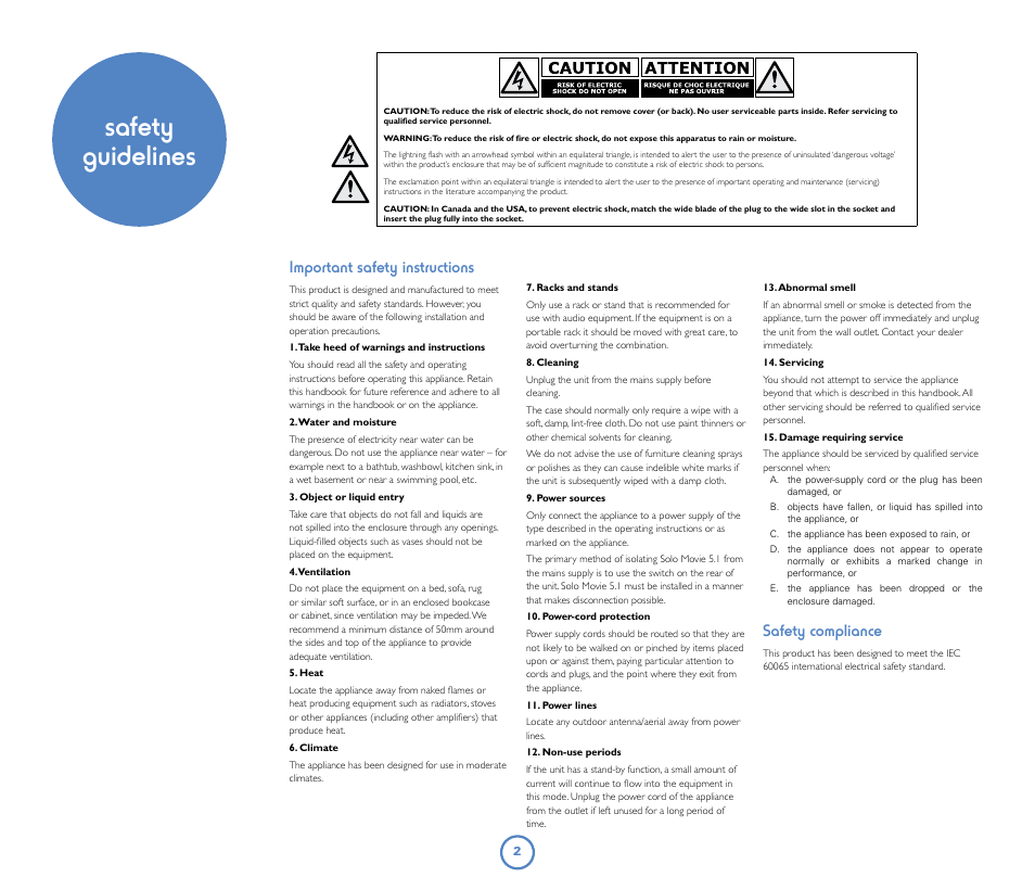 Safety guidelines, Important safety instructions, Safety compliance | Arcam Solo Movie 5.1 User Manual | Page 2 / 30