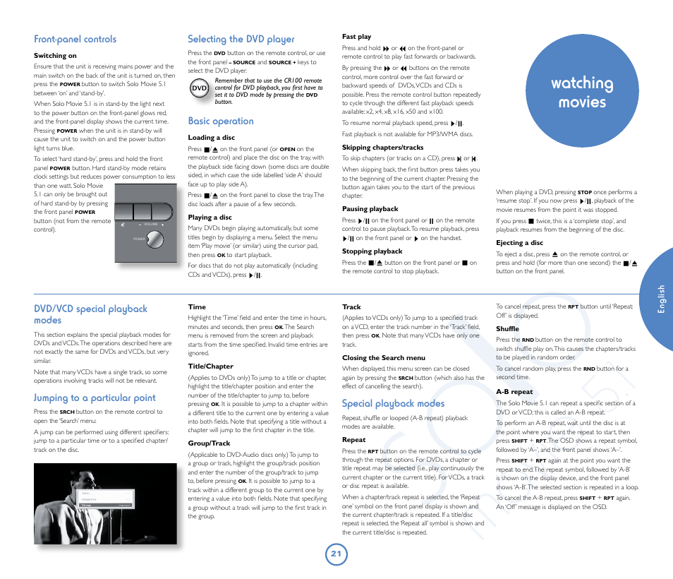 So lo, Mo vie, Watching movies | Arcam Solo Movie 5.1 User Manual | Page 21 / 30