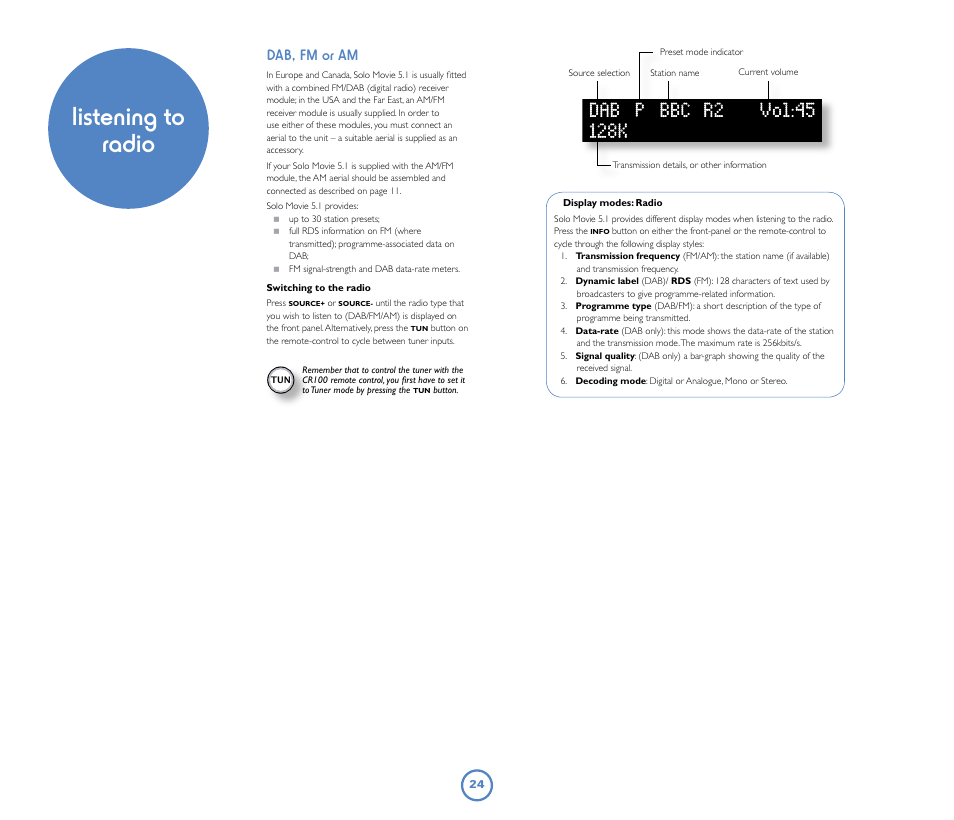 Listening to radio, Dab, fm or am | Arcam Solo Movie 5.1 User Manual | Page 24 / 30