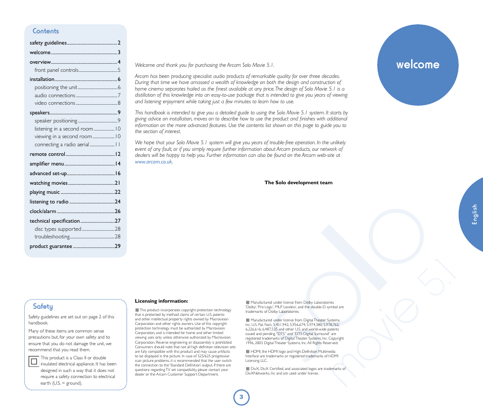 So lo, Mo vie, Welcome | Arcam Solo Movie 5.1 User Manual | Page 3 / 30