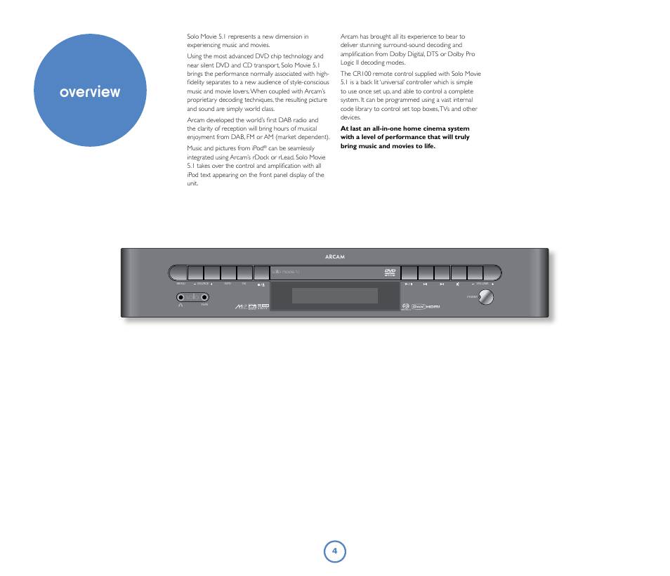 Overview | Arcam Solo Movie 5.1 User Manual | Page 4 / 30
