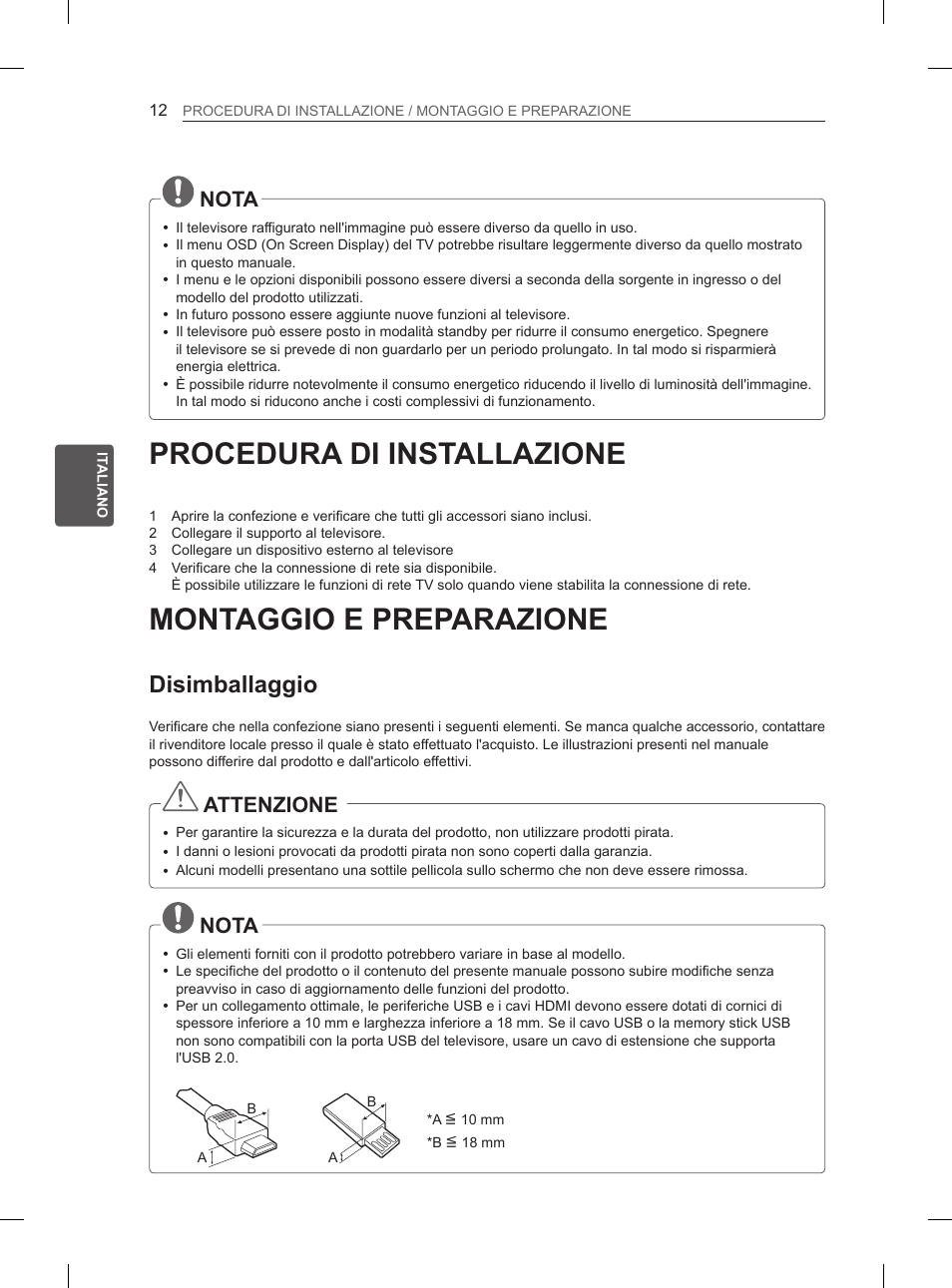 Procedura di installazione, Montaggio e preparazione, Disimballaggio | Nota, Attenzione | LG 37LS575S User Manual | Page 106 / 278