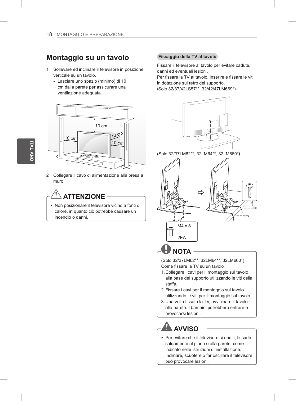 Montaggio su un tavolo, Attenzione, Nota | Avviso | LG 37LS575S User Manual | Page 112 / 278