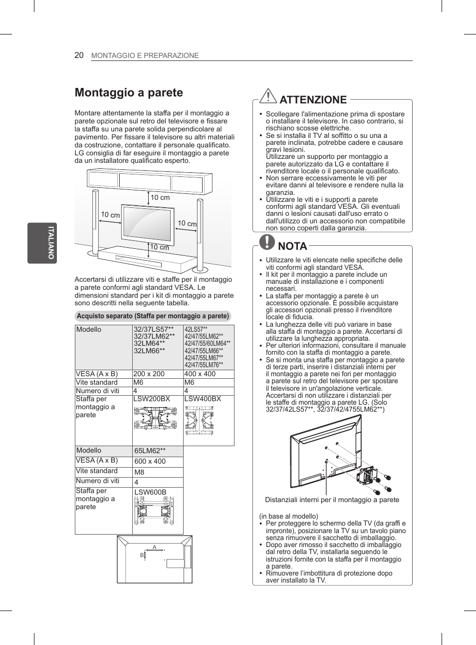 Montaggio a parete, Attenzione, Nota | LG 37LS575S User Manual | Page 114 / 278