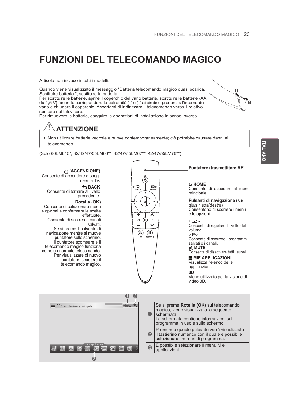 Funzioni del telecomando magico, Attenzione | LG 37LS575S User Manual | Page 117 / 278