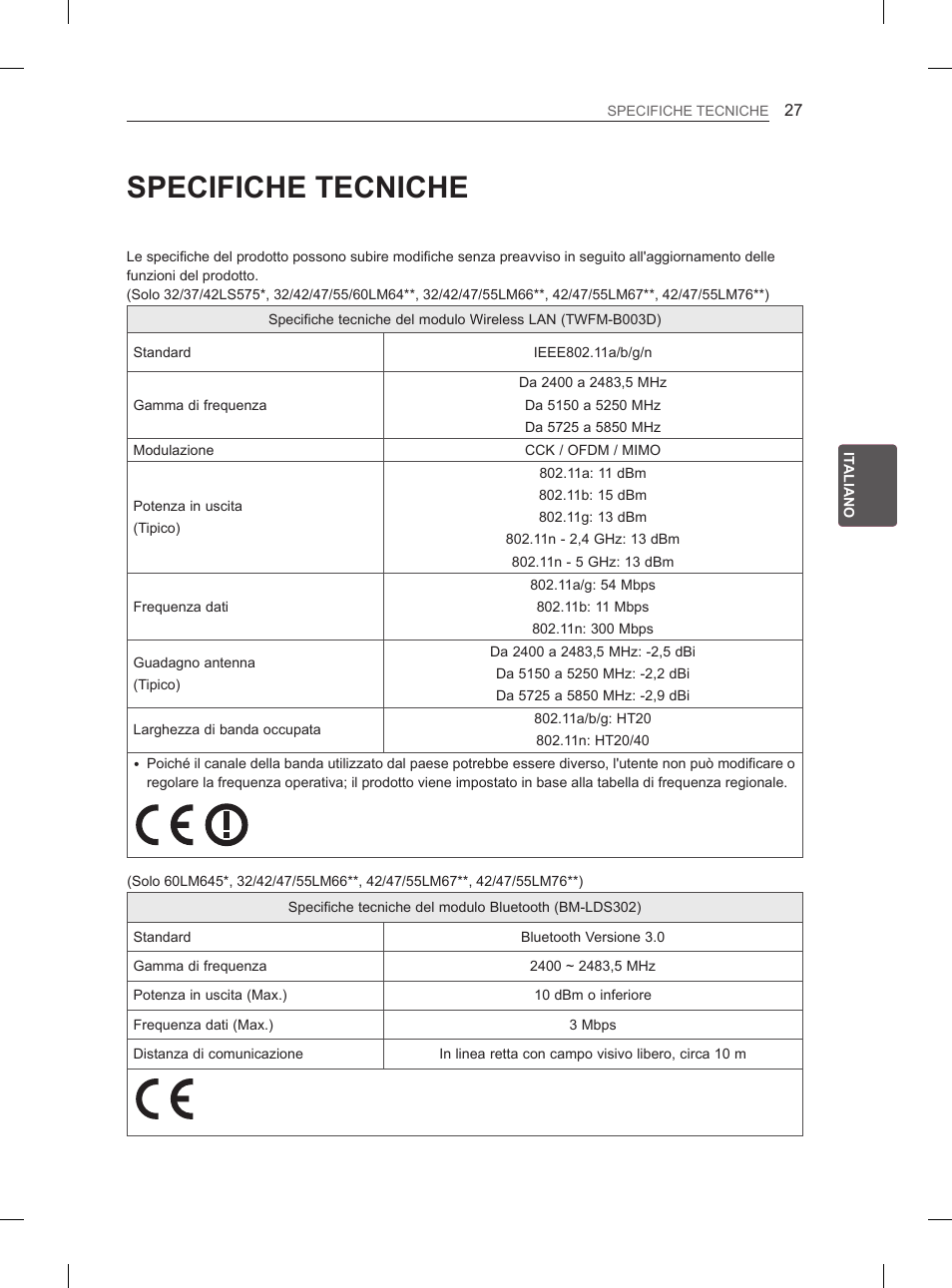 Specifiche tecniche | LG 37LS575S User Manual | Page 121 / 278
