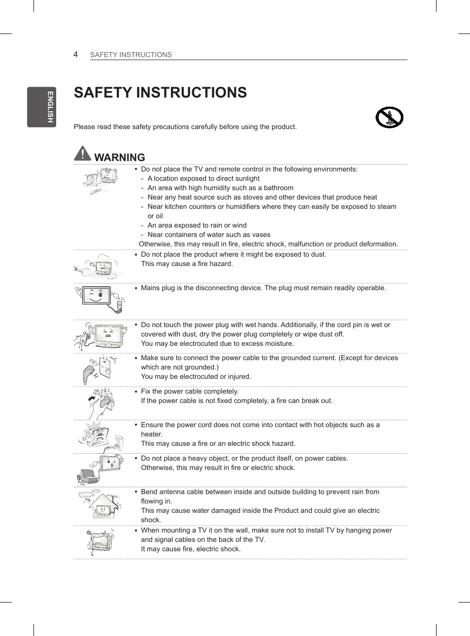 Safety instructions, Warning | LG 37LS575S User Manual | Page 14 / 278