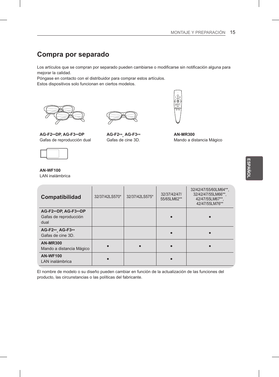 Compra por separado | LG 37LS575S User Manual | Page 143 / 278