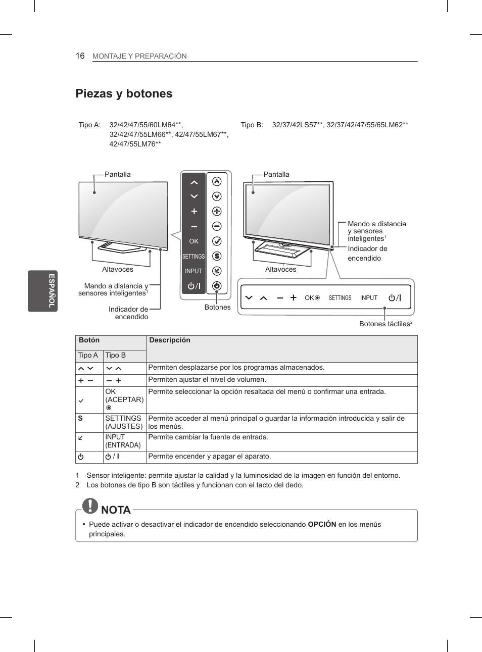 Piezas y botones, Nota | LG 37LS575S User Manual | Page 144 / 278