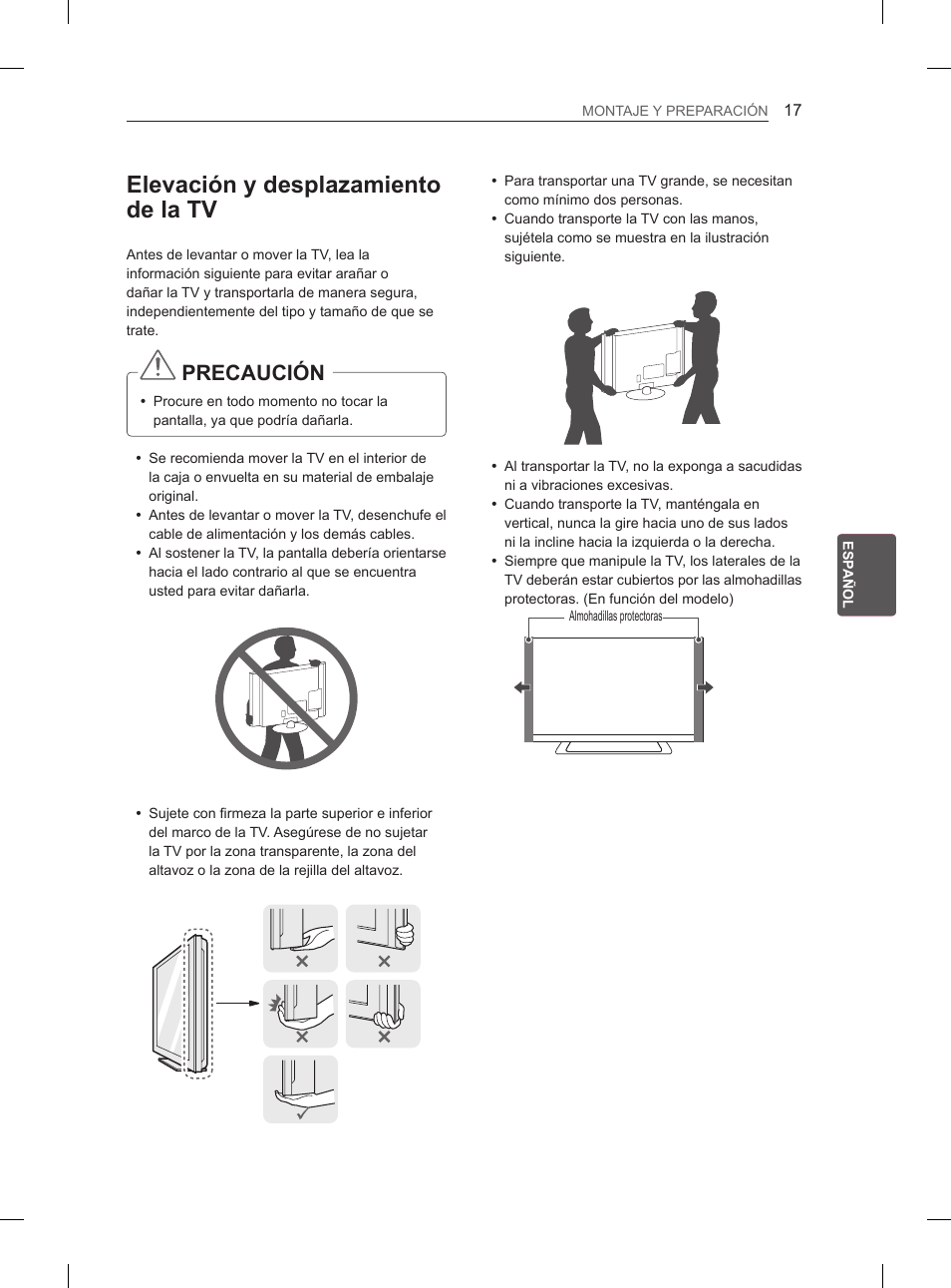Elevación y desplazamiento de la tv, Precaución | LG 37LS575S User Manual | Page 145 / 278