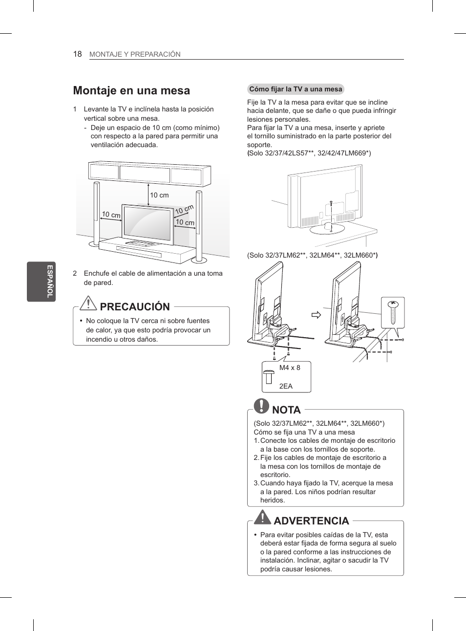 Montaje en una mesa, Precaución, Nota | Advertencia | LG 37LS575S User Manual | Page 146 / 278