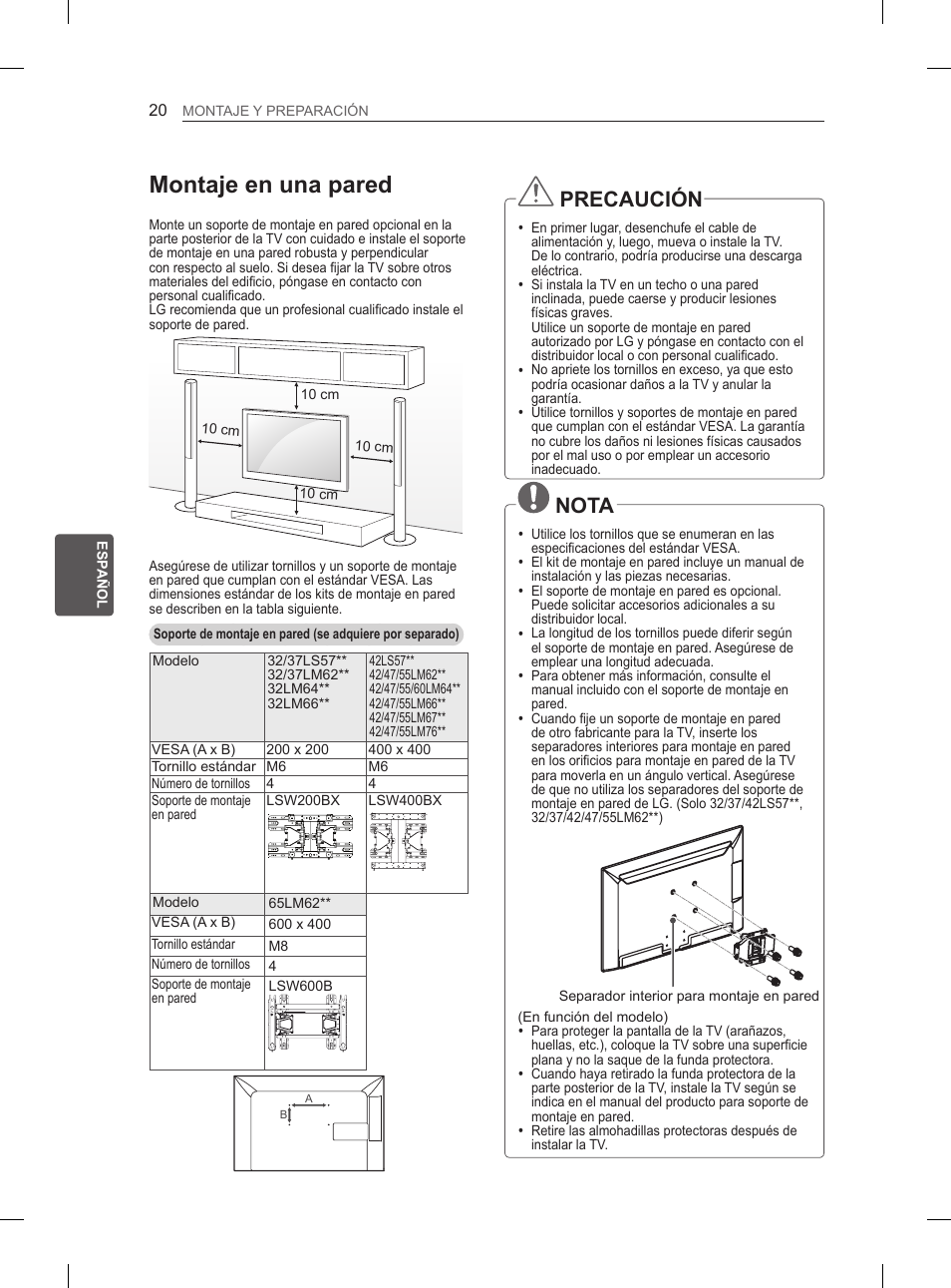 Montaje en una pared, Precaución, Nota | LG 37LS575S User Manual | Page 148 / 278