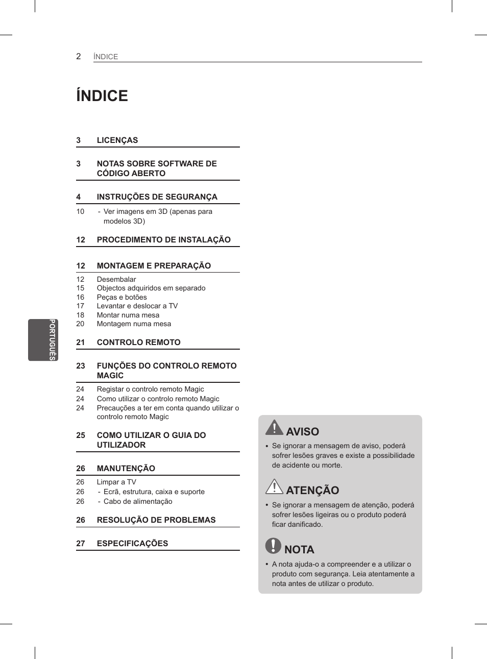 Índice, Aviso, Atenção | Nota | LG 37LS575S User Manual | Page 158 / 278