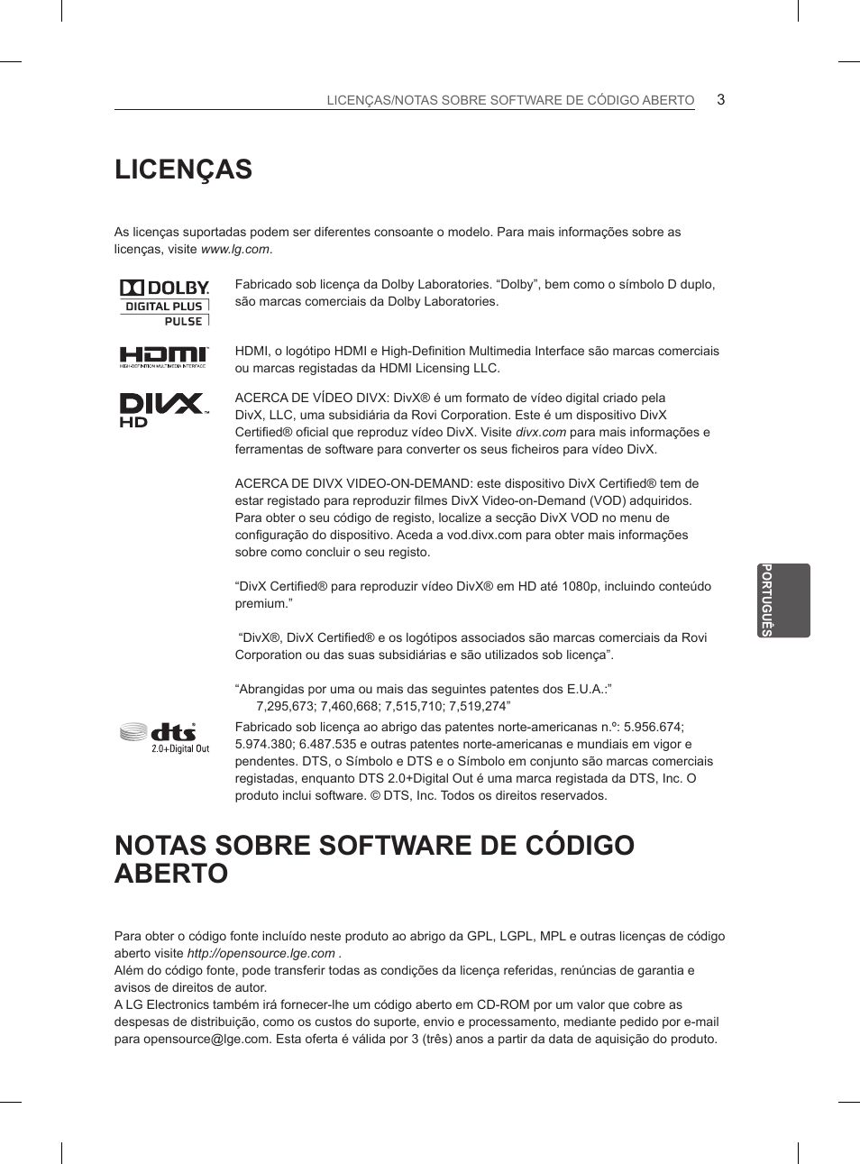 Licenças, Notas sobre software de código aberto | LG 37LS575S User Manual | Page 159 / 278