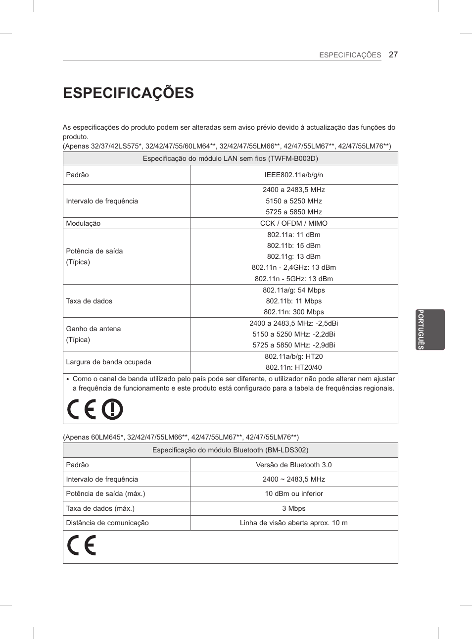 Especificações | LG 37LS575S User Manual | Page 183 / 278