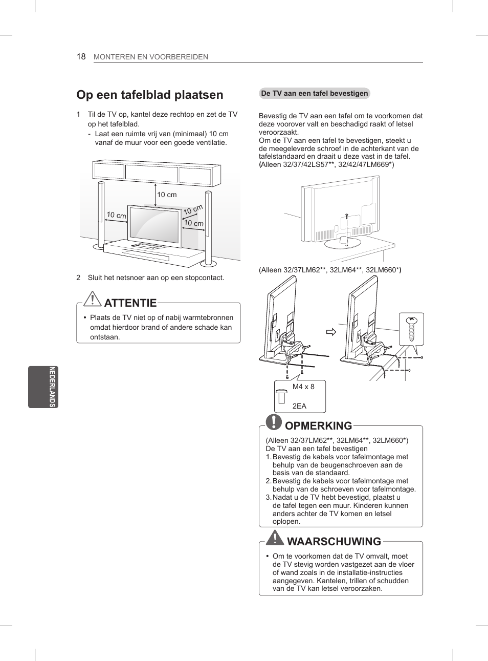 Op een tafelblad plaatsen, Attentie, Opmerking | Waarschuwing | LG 37LS575S User Manual | Page 202 / 278