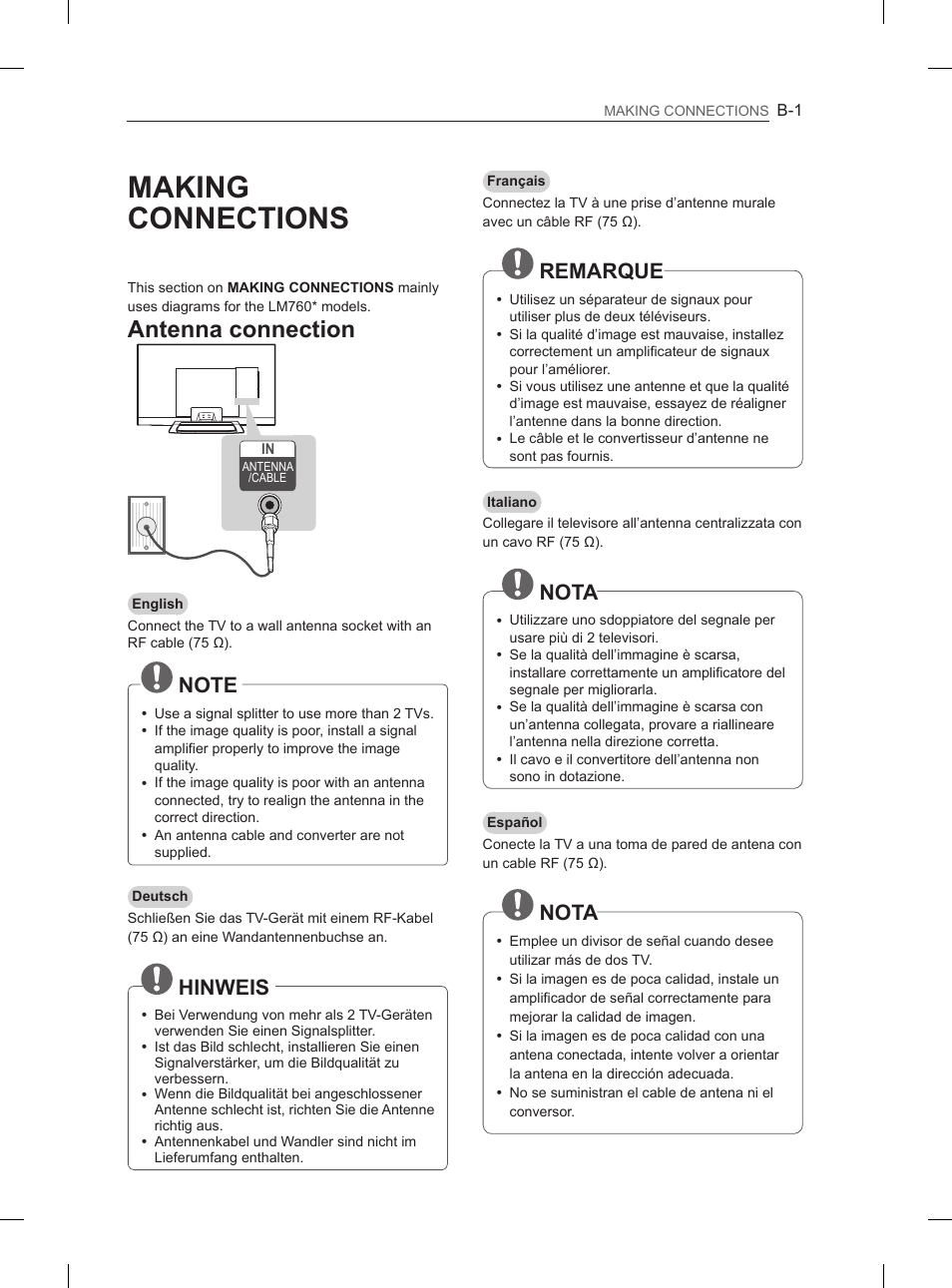 Making connections, Antenna connection, Hinweis | Remarque, Nota | LG 37LS575S User Manual | Page 241 / 278