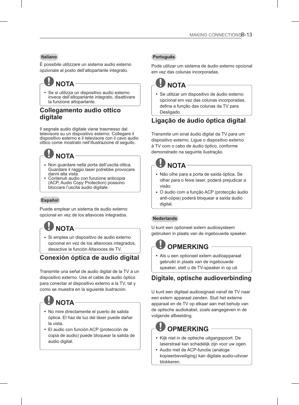 Nota, Opmerking, Collegamento audio ottico digitale | Conexión óptica de audio digital, Ligação de áudio óptica digital, Digitale, optische audioverbinding | LG 37LS575S User Manual | Page 253 / 278