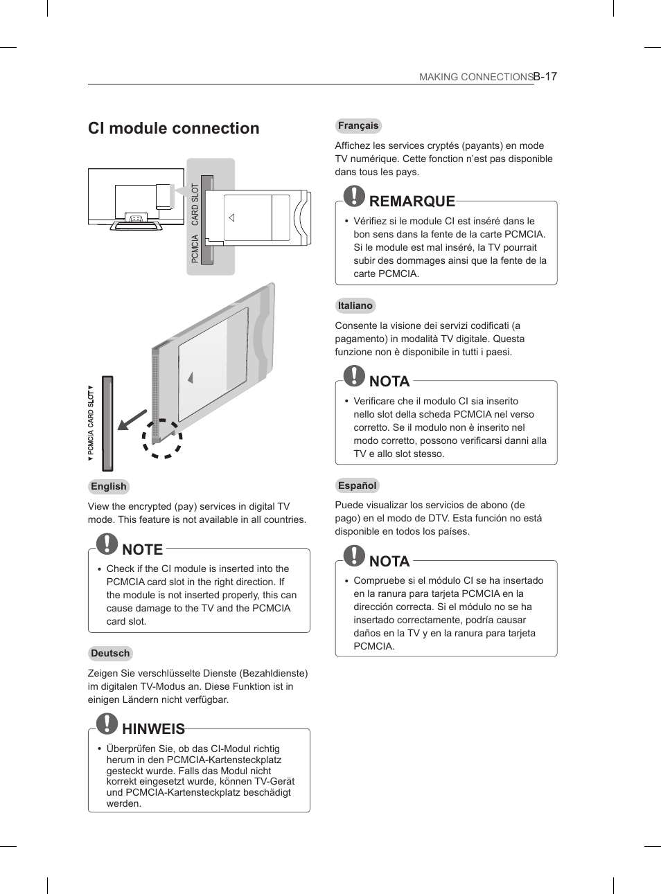 Ci module connection, Hinweis, Remarque | Nota | LG 37LS575S User Manual | Page 257 / 278