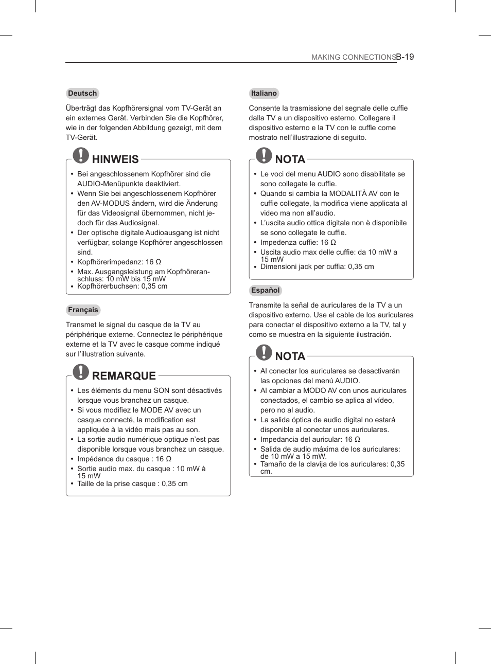 Hinweis, Remarque, Nota | LG 37LS575S User Manual | Page 259 / 278
