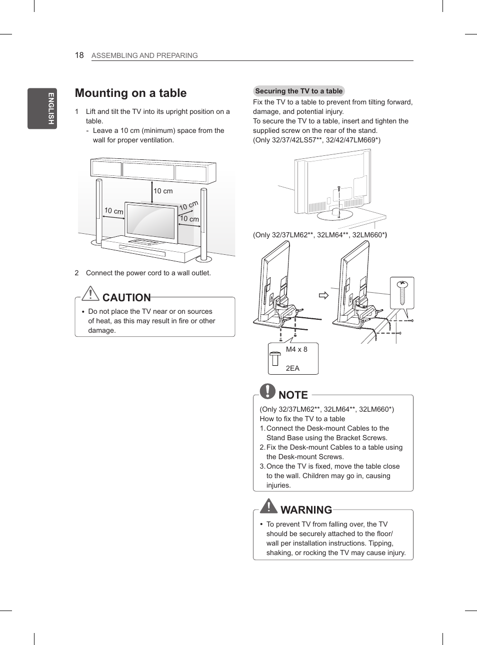 Mounting on a table, Caution, Warning | LG 37LS575S User Manual | Page 28 / 278