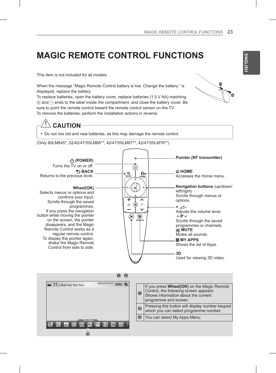 Magic remote control functions, Caution | LG 37LS575S User Manual | Page 33 / 278