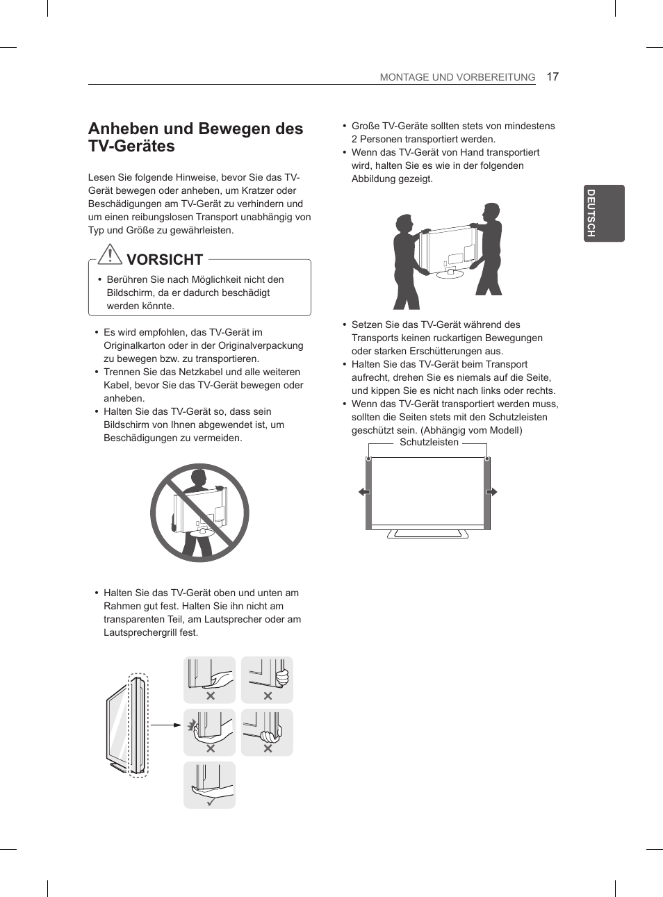 Anheben und bewegen des tv-gerätes, Vorsicht | LG 37LS575S User Manual | Page 55 / 278