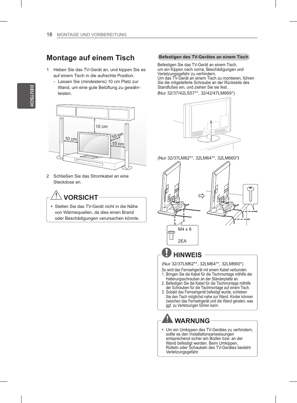 Montage auf einem tisch, Vorsicht, Hinweis | Warnung | LG 37LS575S User Manual | Page 56 / 278