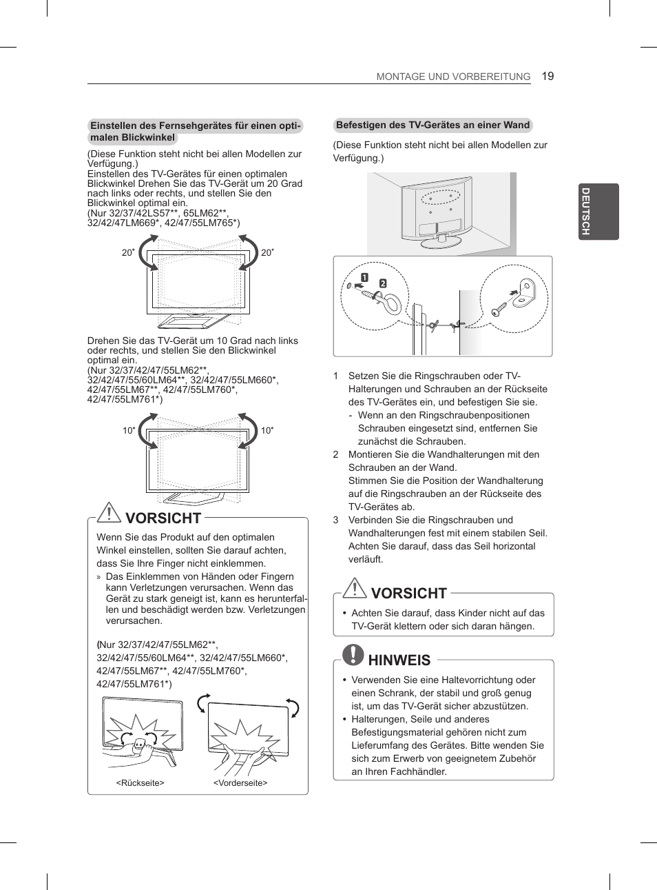 Vorsicht, Hinweis | LG 37LS575S User Manual | Page 57 / 278