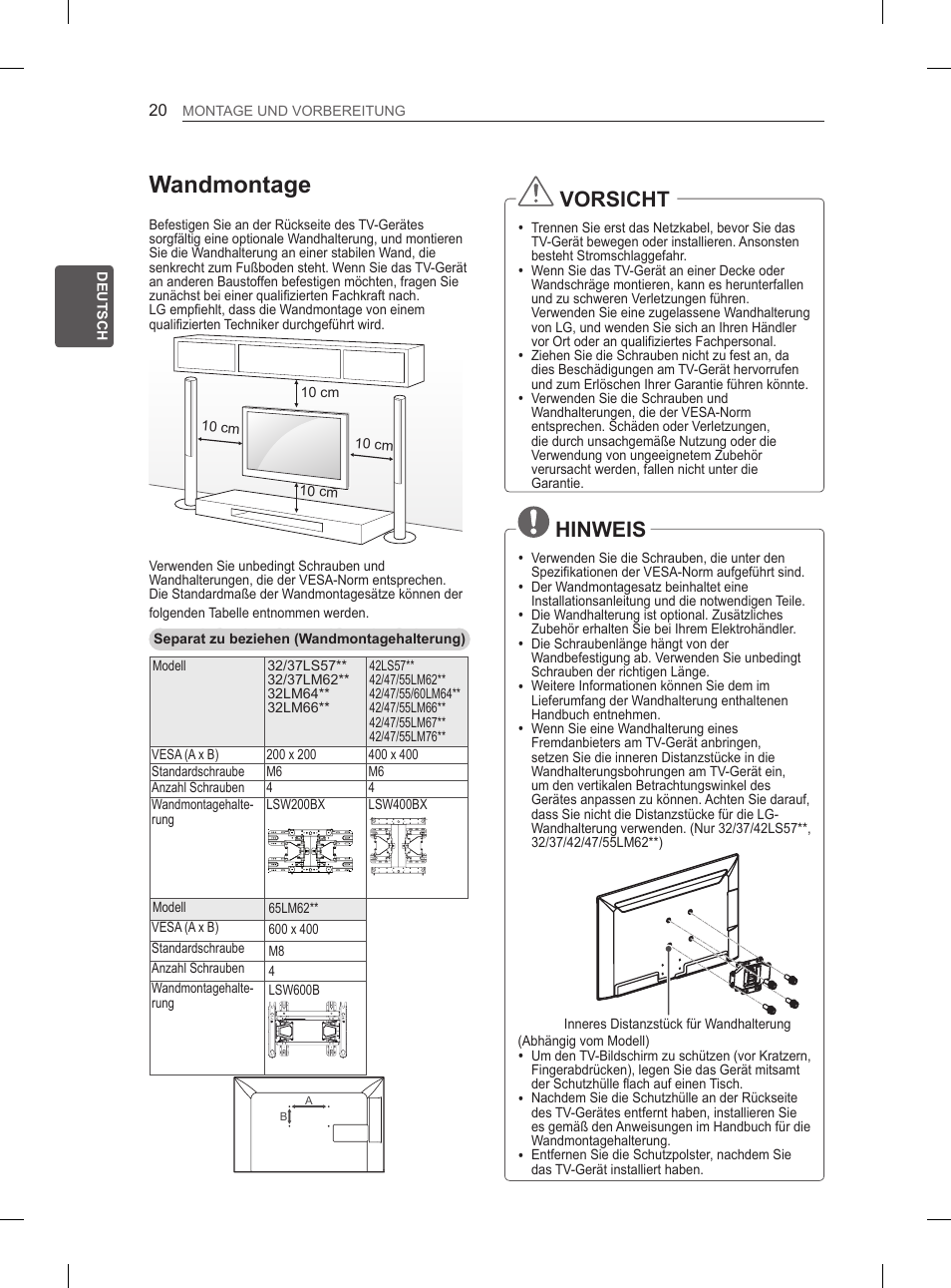 Wandmontage, Vorsicht, Hinweis | LG 37LS575S User Manual | Page 58 / 278