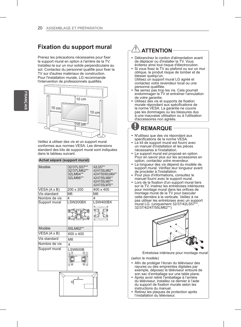 Fixation du support mural, Attention, Remarque | LG 37LS575S User Manual | Page 86 / 278