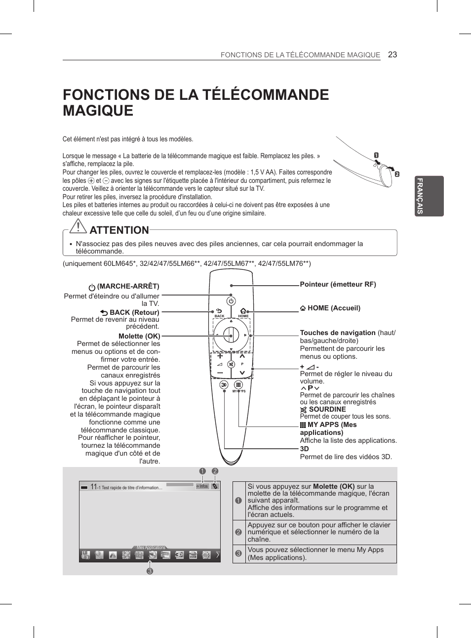 Fonctions de la télécommande magique, Attention | LG 37LS575S User Manual | Page 89 / 278