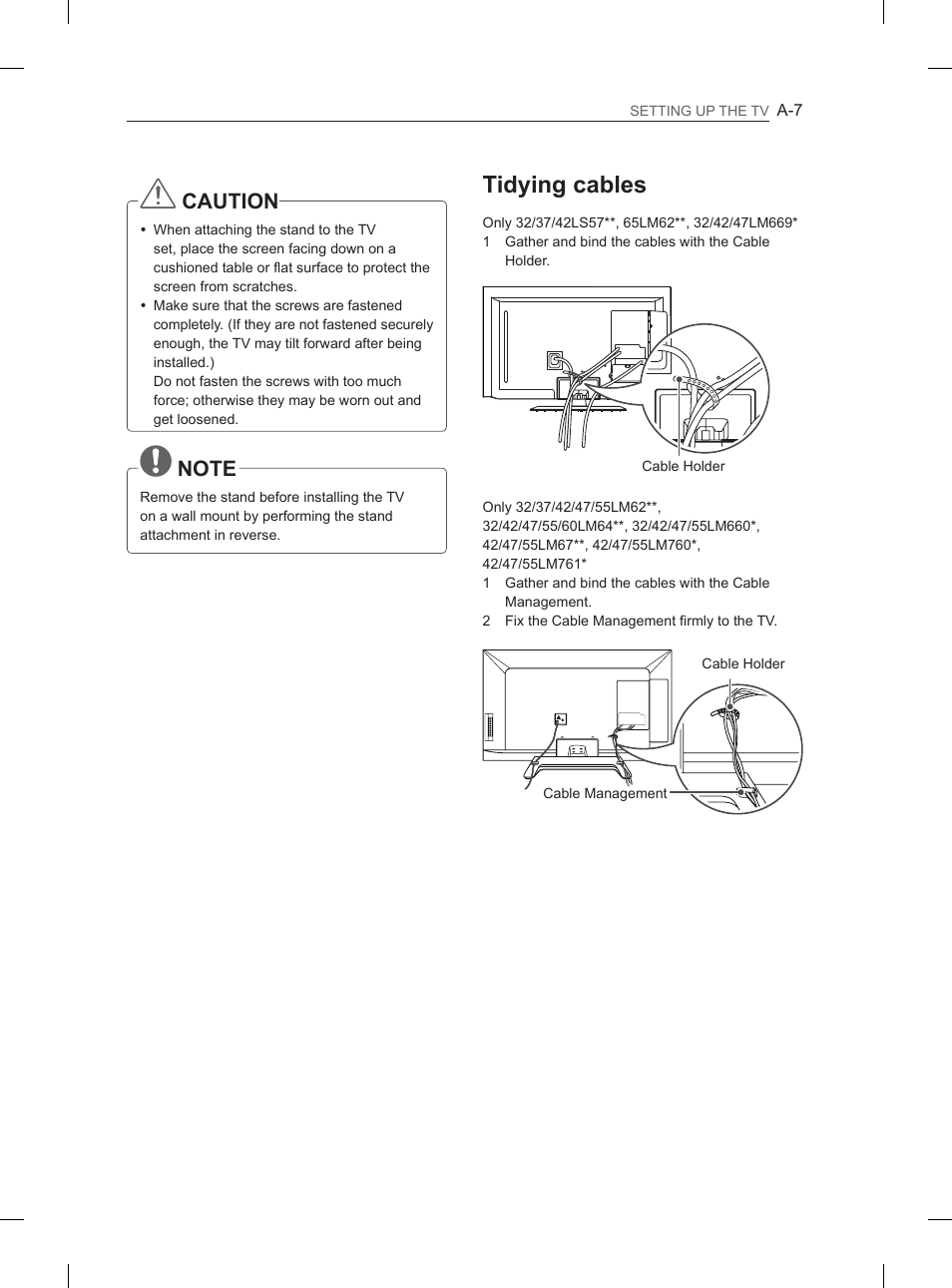 Tidying cables, Caution | LG 37LS575S User Manual | Page 9 / 278