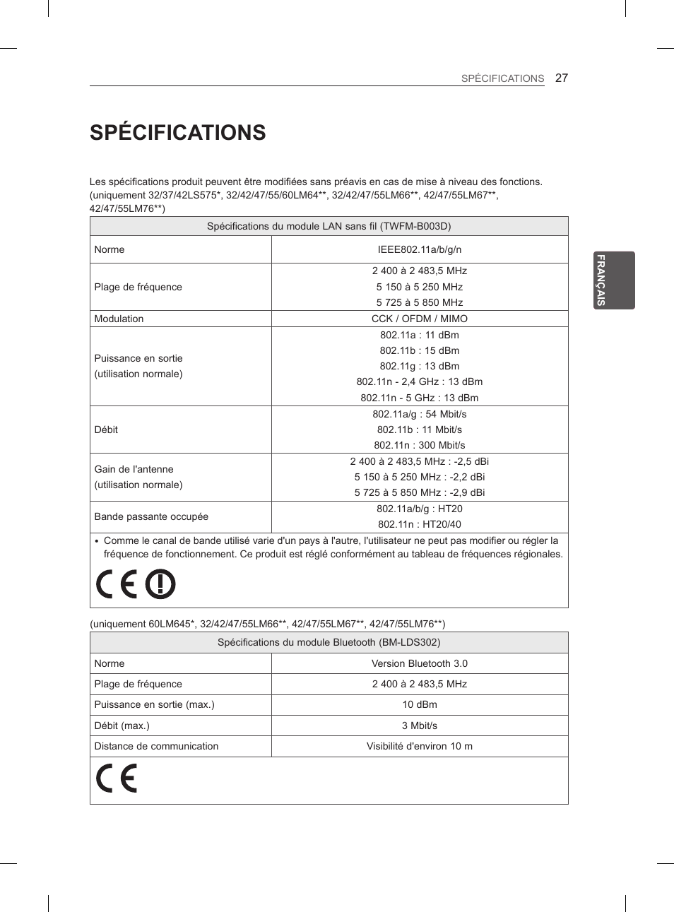 Spécifications | LG 37LS575S User Manual | Page 93 / 278