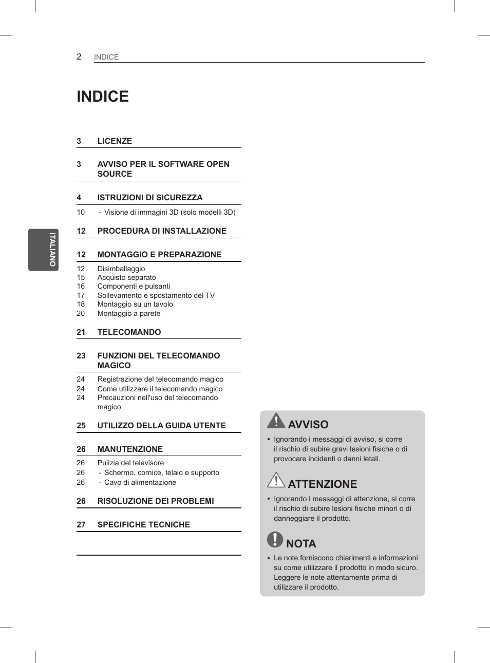 Indice, Avviso, Attenzione | Nota | LG 37LS575S User Manual | Page 96 / 278