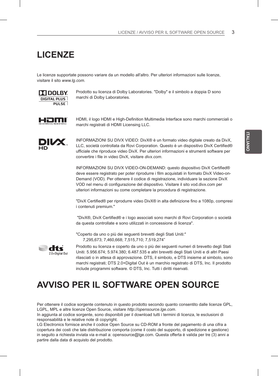 Licenze, Avviso per il software open source | LG 37LS575S User Manual | Page 97 / 278