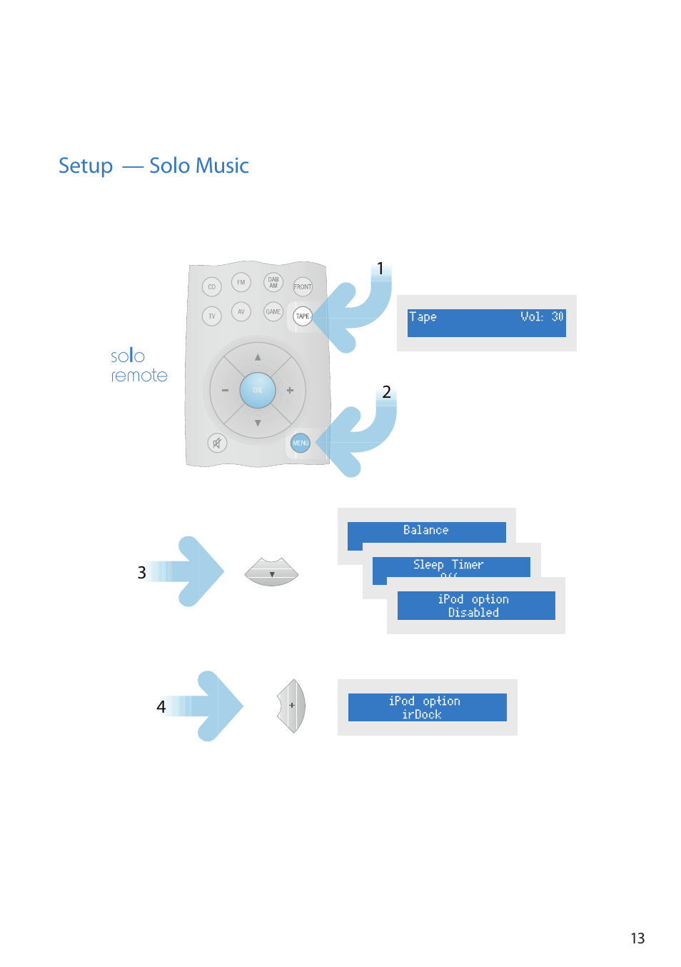 Solo remote setup — solo music | Arcam Doxx irDock User Manual | Page 13 / 32