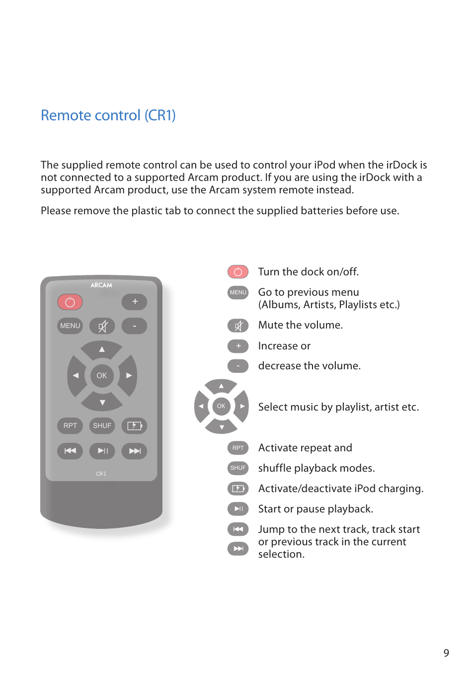 Remote control (cr1) | Arcam Doxx irDock User Manual | Page 9 / 32