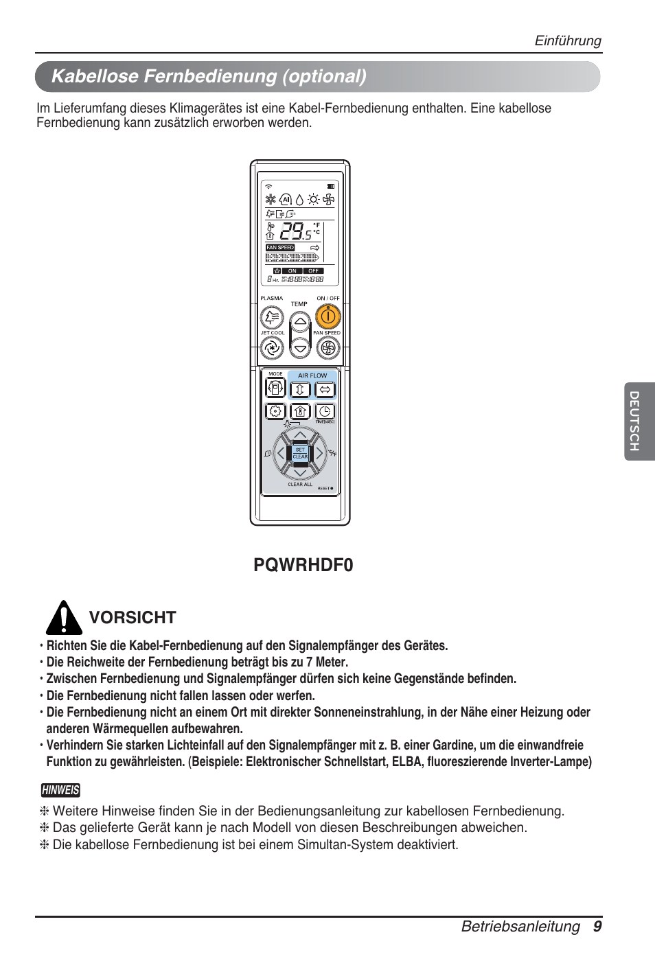 Kabellose fernbedienung (optional), Pqwrhdf0 | LG CB09L User Manual | Page 105 / 193