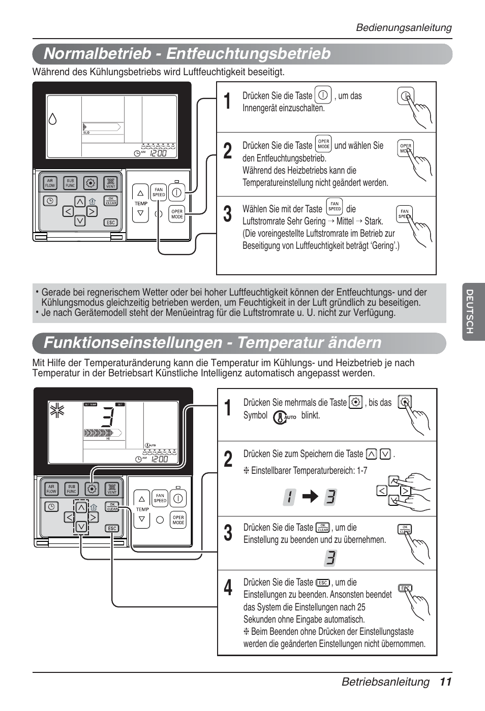 Normalbetrieb - entfeuchtungsbetrieb, Funktionseinstellungen - temperatur ändern | LG CB09L User Manual | Page 107 / 193