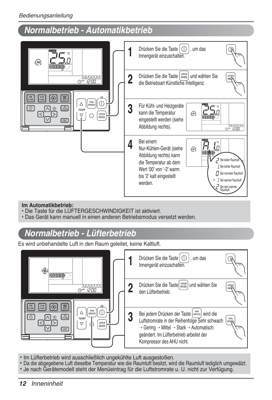 Normalbetrieb - automatikbetrieb, Normalbetrieb - lüfterbetrieb | LG CB09L User Manual | Page 108 / 193