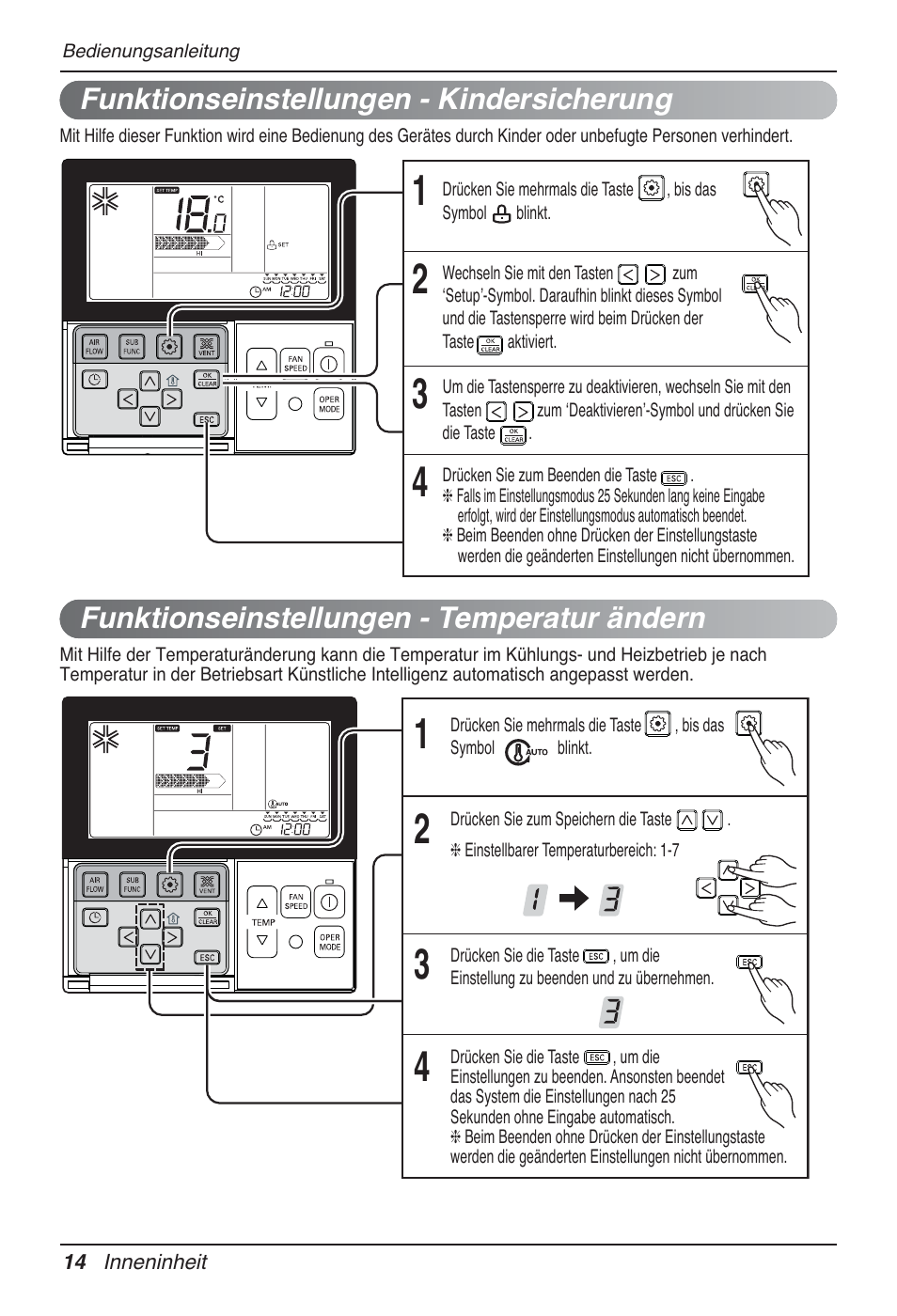 Funktionseinstellungen - temperatur ändern, Funktionseinstellungen - kindersicherung | LG CB09L User Manual | Page 110 / 193