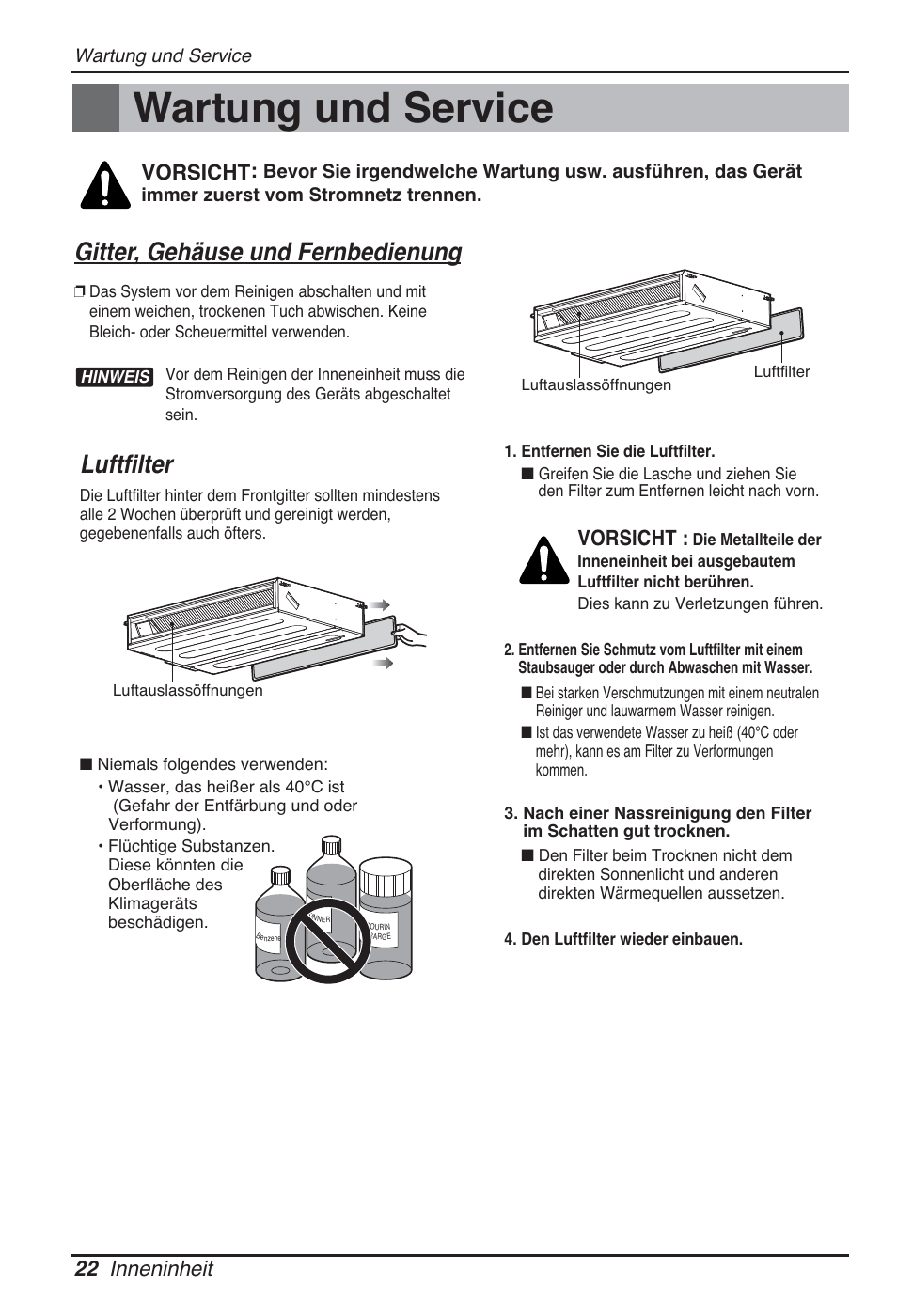 Wartung und service, Luftfilter, Gitter, gehäuse und fernbedienung | 22 inneninheit, Vorsicht | LG CB09L User Manual | Page 118 / 193