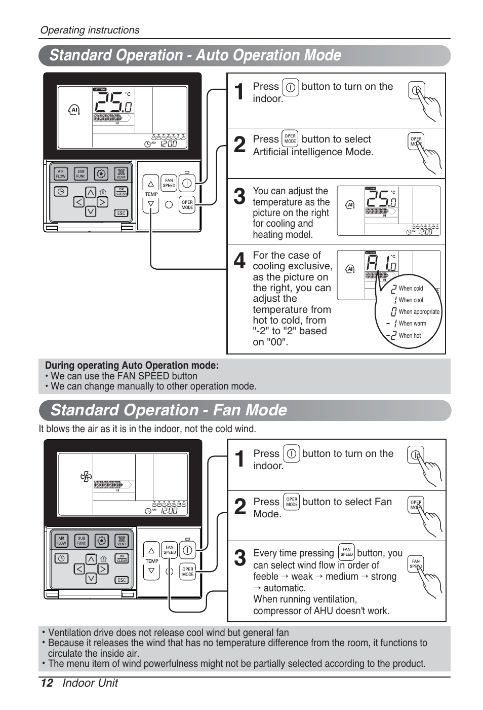 Standard operation - auto operation mode, Standard operation - fan mode | LG CB09L User Manual | Page 12 / 193